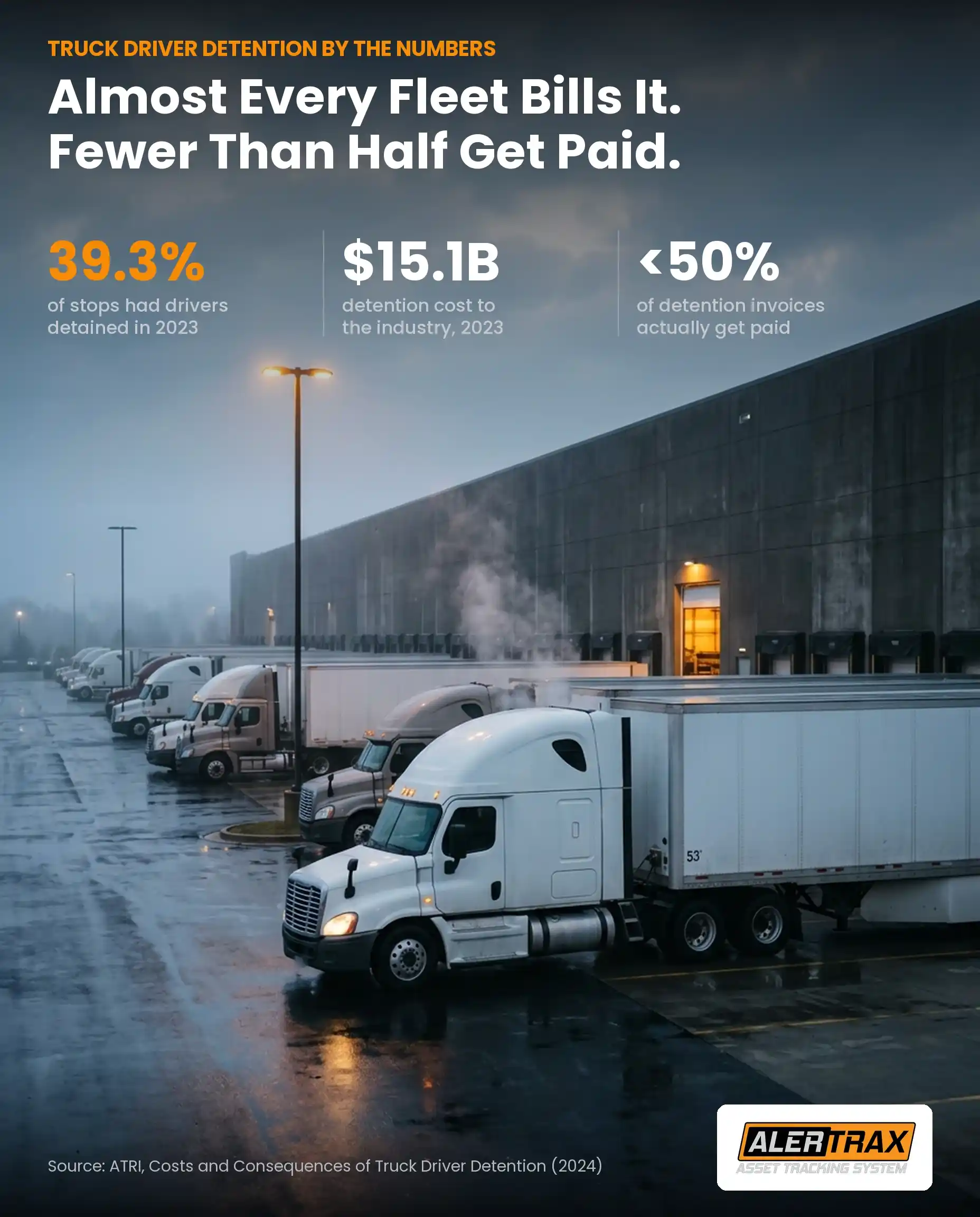 Infographic: truck driver detention. Drivers were detained at 39.3 percent of stops in 2023, detention cost the industry 15.1 billion dollars, and fewer than half of detention invoices get paid.