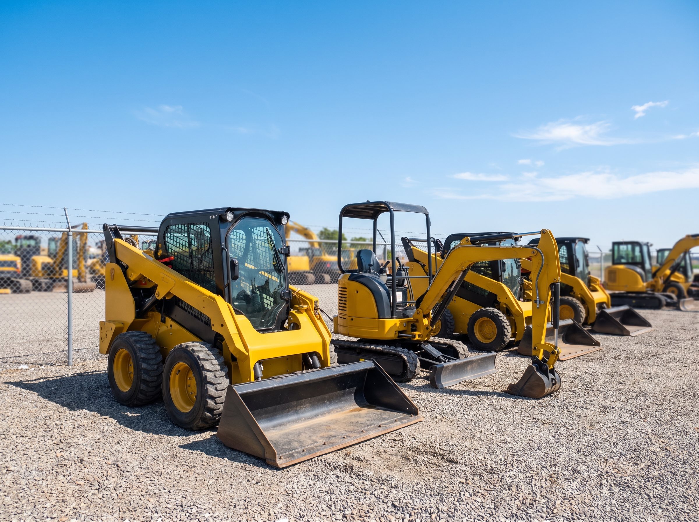 Skid steer and mini excavator parked in an equipment rental yard