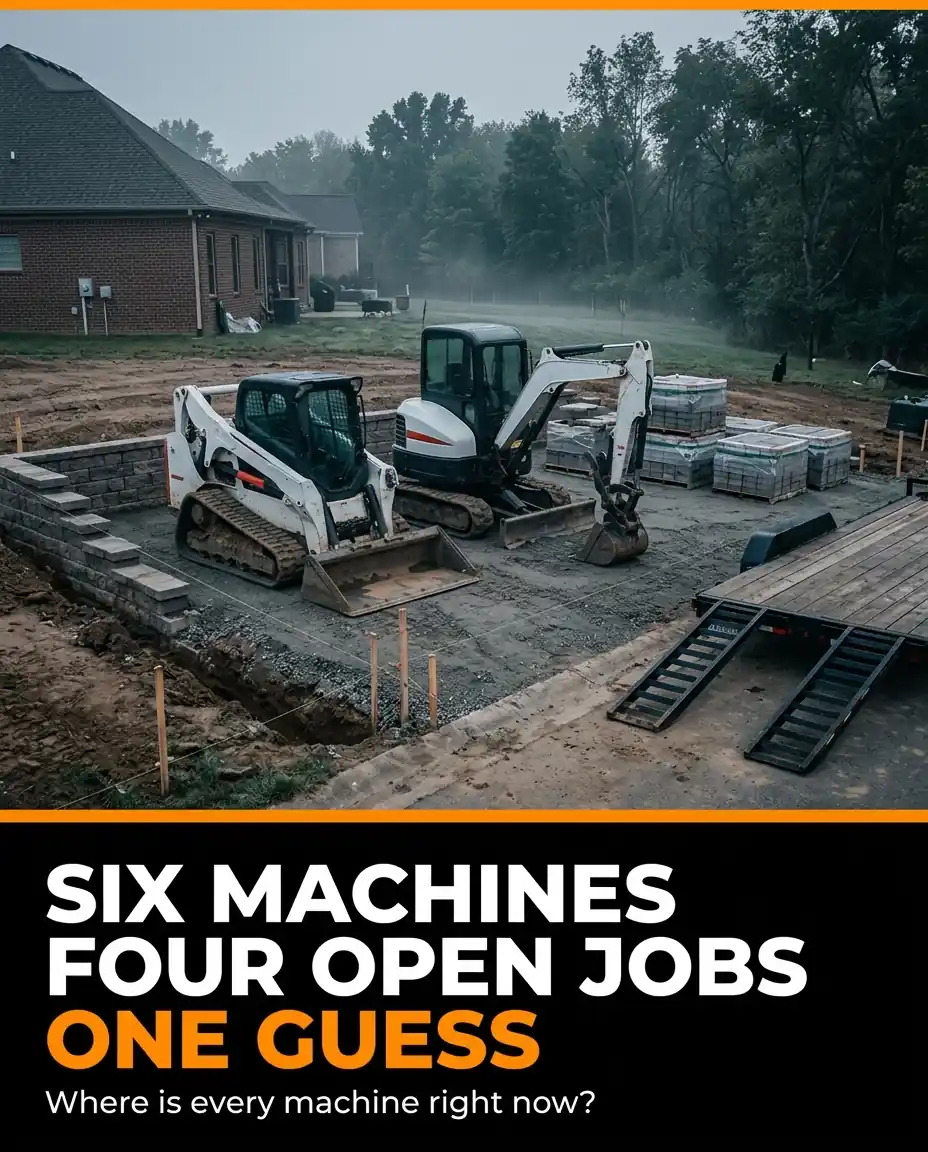 Skid steer and mini excavator staged on a hardscape job site with GPS tracking