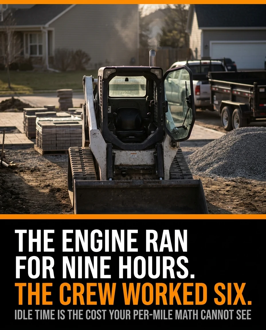 Skid steer left running unattended on a hardscape job site in late afternoon