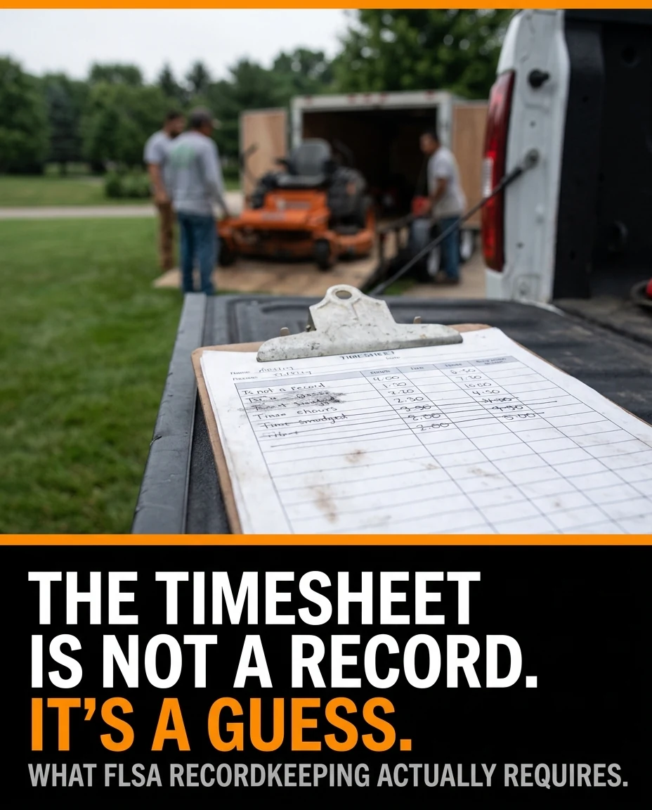 Handwritten paper timesheet on a clipboard at a landscaping job site