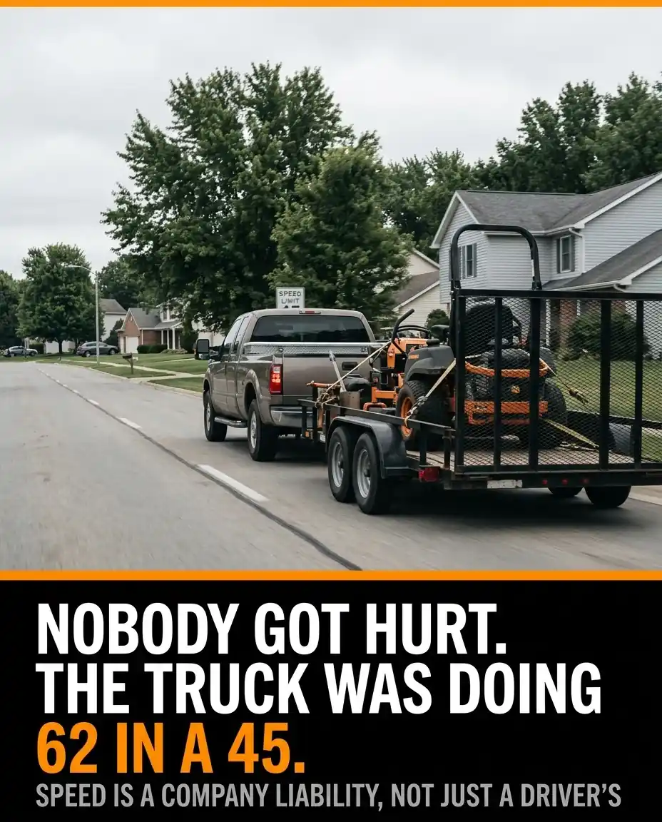 Work pickup towing a loaded landscape trailer on a suburban two-lane road