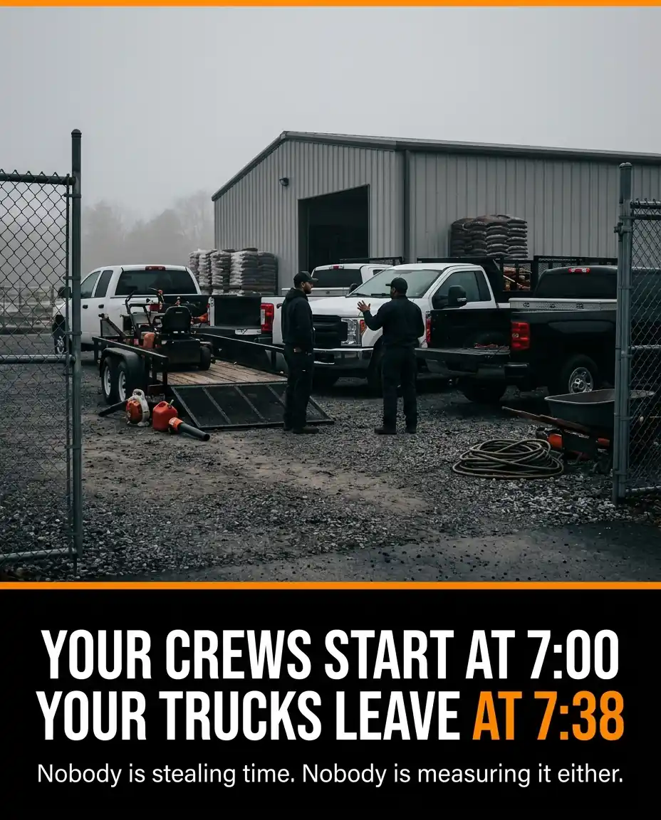 Landscaping crew trucks and trailers in the yard before morning departure